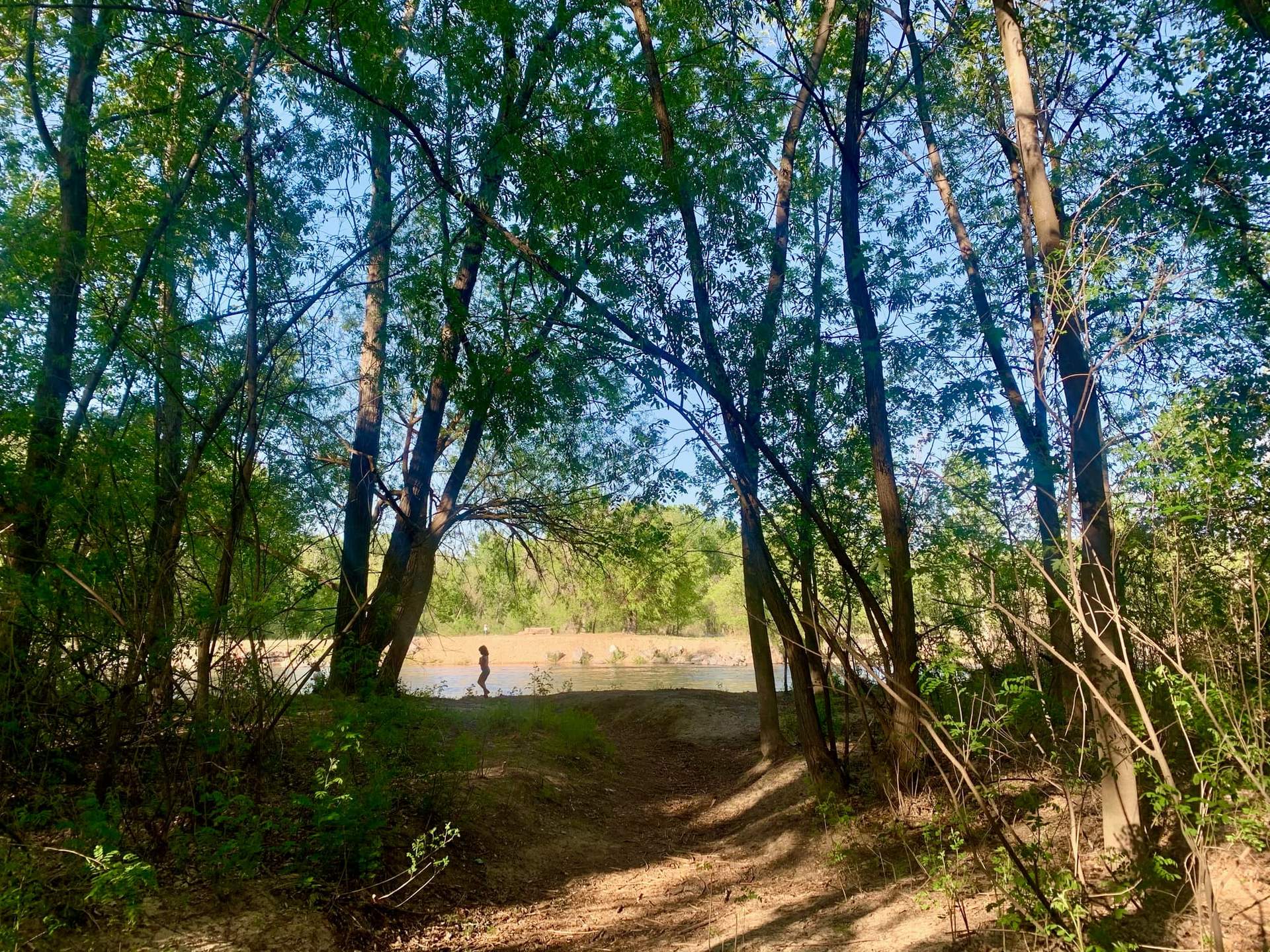 A wooded path opening onto the Boise River, with a child exploring near the water